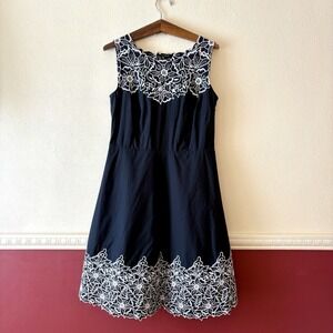 Talbots Fit & Flare Dress Women's 10 Embroidered Sleeveless Black White Classic